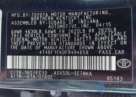 2015 Toyota Camry Le from USA, damaged, VIN 4T4BF1FK0FR49465